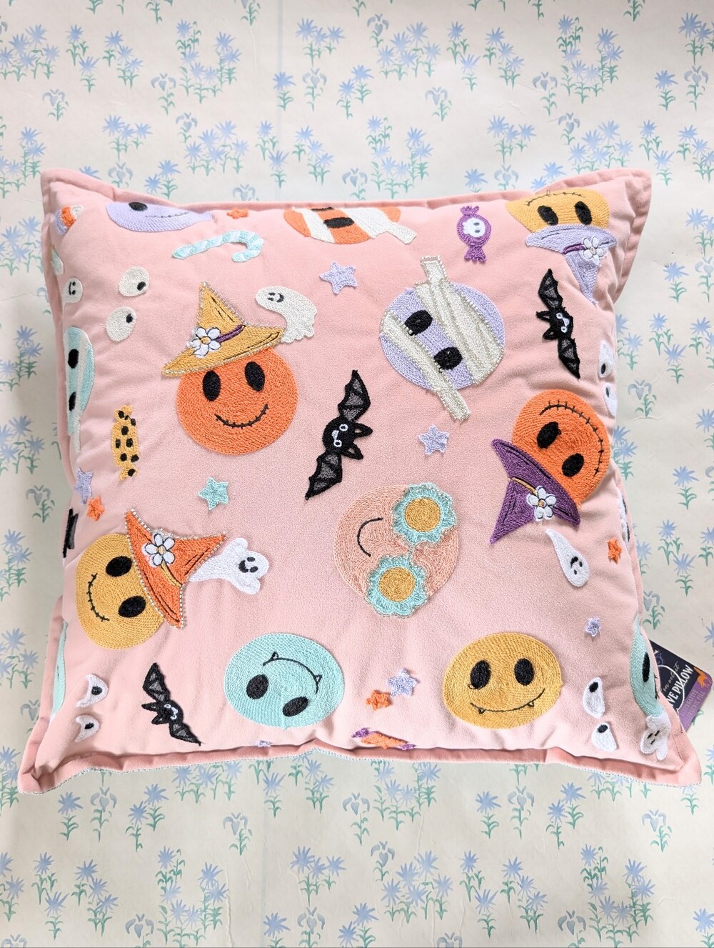 Lunaville Pastel Embroidered Halloween Pillow NEW 70s Groovy Retro Velvet Cute